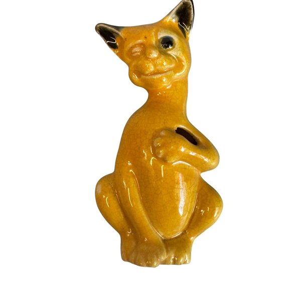 Vintage Siamese Cat Wall Pocket Yellow Ceramic Crackle Glaze Japan 6 Inches - Picture 1 of 4